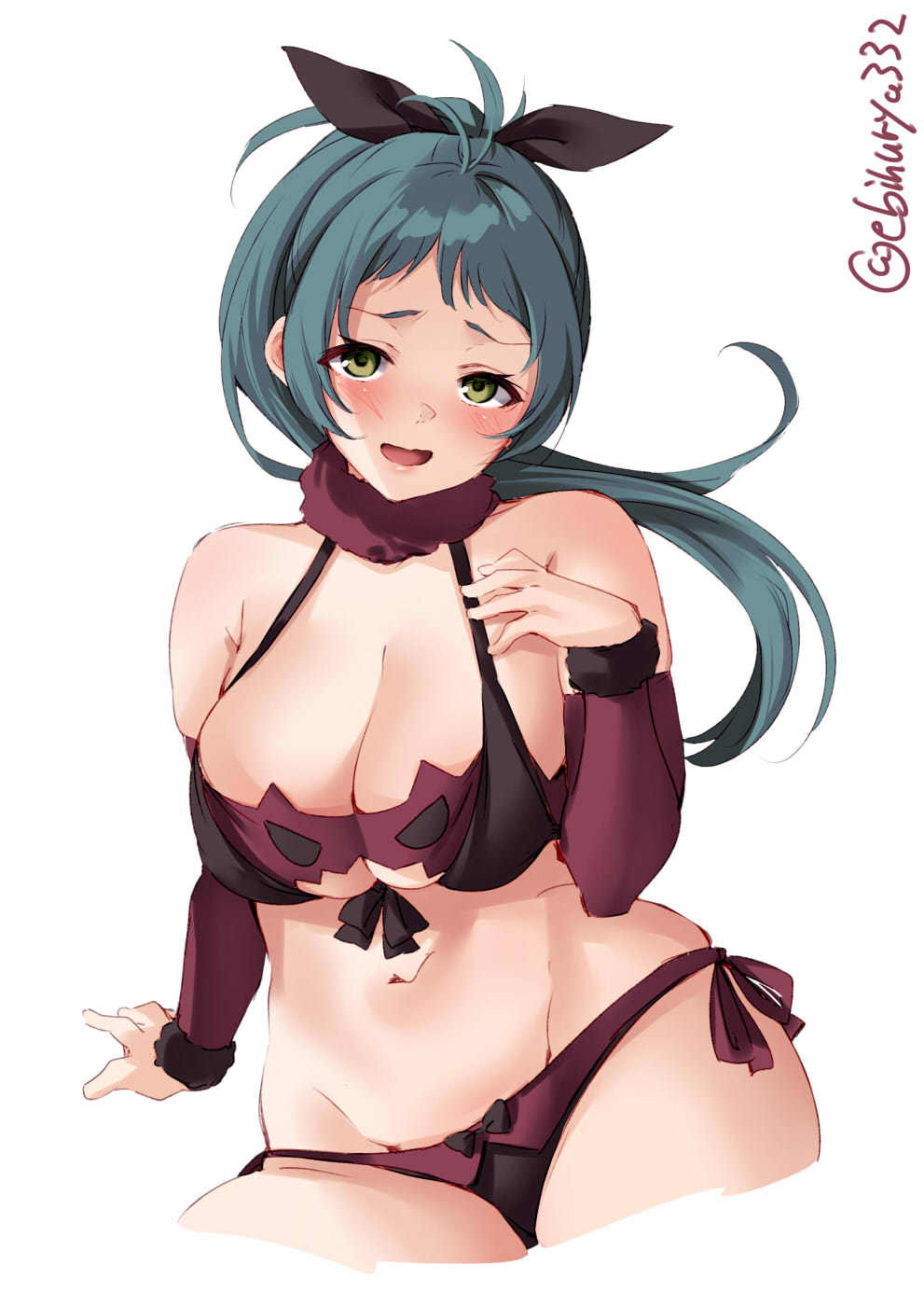 1girl alternate_costume black_ribbon blush breasts cleavage cropped_legs ebifurya green_eyes green_hair groin hair_ribbon halloween halloween_costume highres irako_(kantai_collection) kantai_collection large_breasts long_hair navel open_mouth ponytail ribbon simple_background smile solo twitter_username white_background
