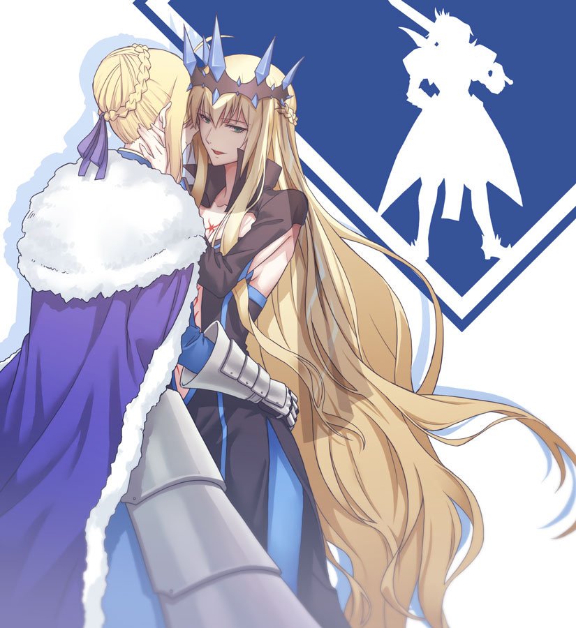 3girls armor armored_dress arms_around_waist artoria_pendragon_(all) artoria_pendragon_(lancer) black_dress blonde_hair blue_trim braid cape covered_eyes crown detached_sleeves dress fate/grand_order fate_(series) french_braid fur-trimmed_cape fur_trim gauntlets green_eyes hair_ribbon hands_on_another's_cheeks hands_on_another's_face holding holding_sword holding_weapon long_hair mordred_(fate)_(all) morgan_le_fay_(fate) multiple_girls over_shoulder parent_and_child ribbon sidelocks silhouette spikes sword sword_over_shoulder very_long_hair weapon weapon_over_shoulder white_background yohchi_2019 yuri