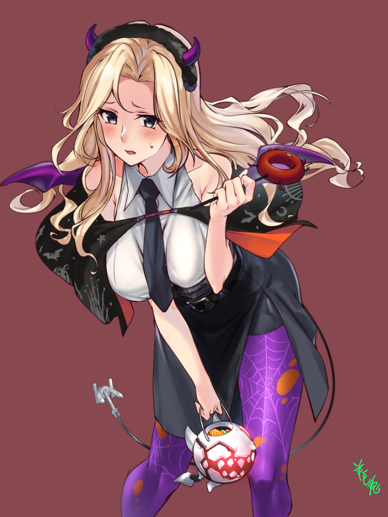 1girl abyssal_ship artist_name basket belt belt_buckle black_belt black_neckwear black_skirt blonde_hair blue_eyes blush brown_background buckle capelet collarbone collared_shirt demon_horns enemy_aircraft_(kantai_collection) enemy_lifebuoy_(kantai_collection) feet_out_of_frame halloween halloween_costume hornet_(kantai_collection) horns kantai_collection long_hair necktie open_mouth pantyhose pencil_skirt purple_legwear shirt signature simple_background skirt sleeveless sleeveless_shirt solo spider_web_print tail white_shirt youmou_usagi