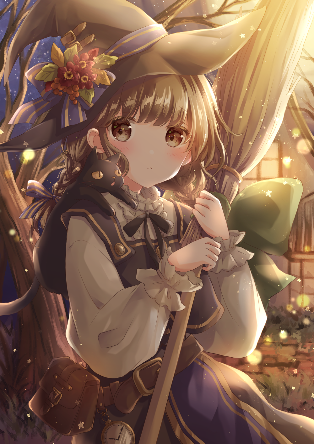 1girl :&lt; animal_on_shoulder arms_up autumn bangs bare_tree belt belt_pouch black_cat black_skirt black_vest broom brown_eyes brown_hair cat cat_on_shoulder commentary_request eyebrows_visible_through_hair flower hair_ribbon halloween hat hat_flower hat_ribbon highres holding holding_broom hoshiibara_mato house light_frown light_particles long_sleeves looking_at_viewer low_twintails night original outdoors pocket_watch pouch ribbon shirt skirt sky sleeve_cuffs solo star_(sky) star_(symbol) starry_sky tree tress_ribbon twintails vest watch white_shirt witch_hat