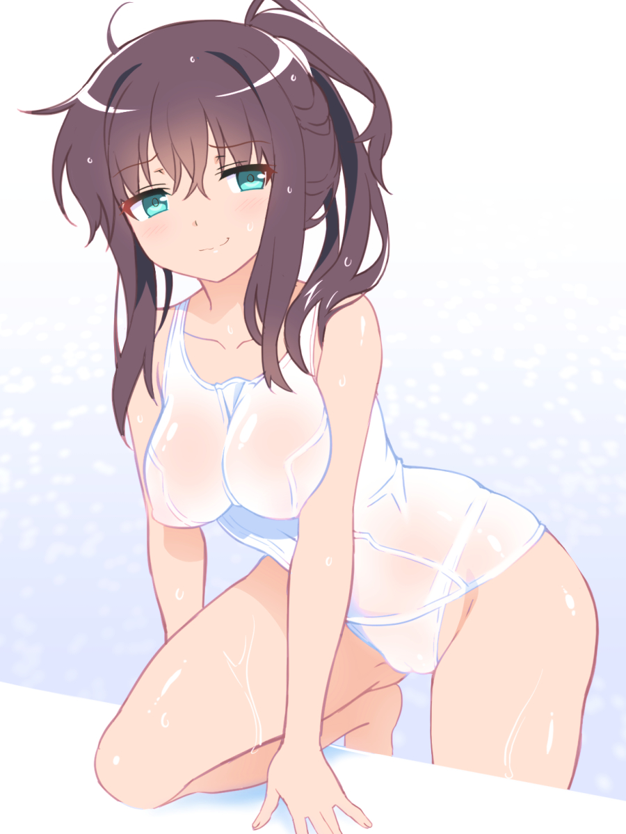 1girl aqua_eyes blush breasts brown_hair cameltoe covered_nipples highres long_hair looking_at_viewer medium_breasts one-piece_swimsuit original ponytail pool poolside school_swimsuit see-through smile solo swimsuit wanaca wet wet_clothes white_swimsuit