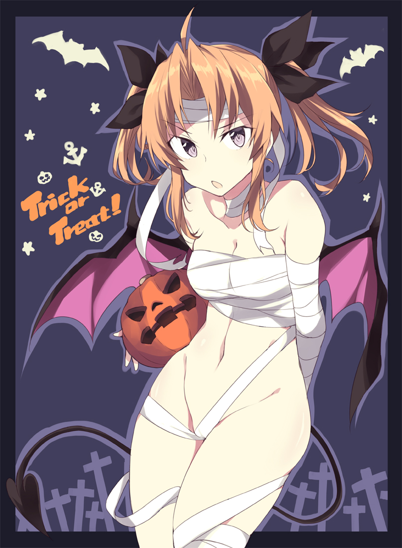 1girl anchor_symbol bandages bat black_ribbon breasts brown_hair cleavage cowboy_shot demon_tail demon_wings eyebrows_visible_through_hair groin hair_ribbon halloween halloween_costume jack-o'-lantern kagerou_(kantai_collection) kantai_collection long_hair navel open_mouth purple_eyes ribbon sarashi shigino_sohuzi small_breasts solo tail trick_or_treat twintails wings