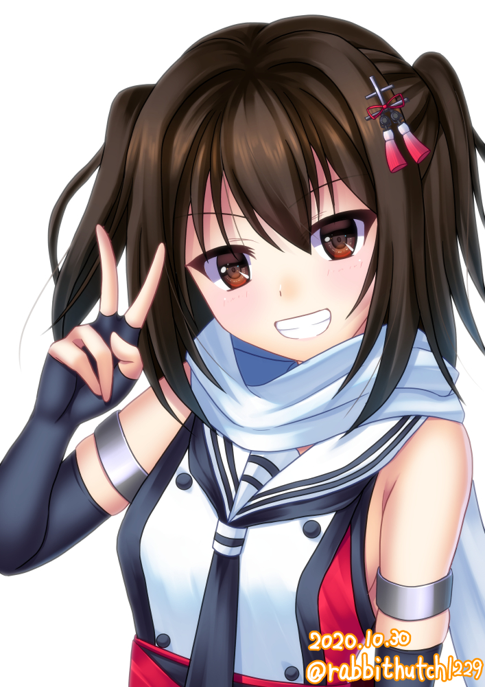 1girl black_gloves black_hair black_neckwear brown_eyes dated double-breasted elbow_gloves fingerless_gloves gloves grin kantai_collection neckerchief remodel_(kantai_collection) sailor_collar scarf school_uniform sendai_(kantai_collection) serafuku simple_background smile solo twitter_username two_side_up upper_body utsuki_(blackgoat1229) v white_background white_sailor_collar white_scarf