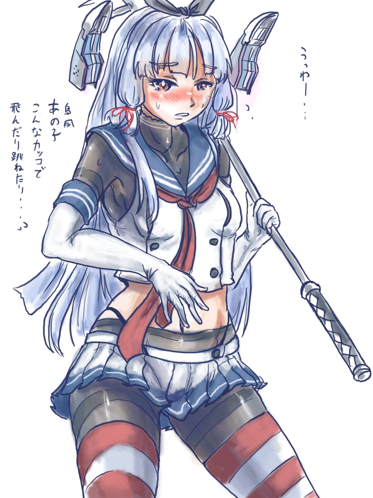 1girl adapted_costume blush cosplay crop_top elbow_gloves g-string gloves highres kantai_collection long_hair murakumo_(kantai_collection) panties panties_over_pantyhose pantyhose polearm shimakaze_(kantai_collection) shimakaze_(kantai_collection)_(cosplay) solo spear sweatdrop thong thrux underwear very_long_hair weapon