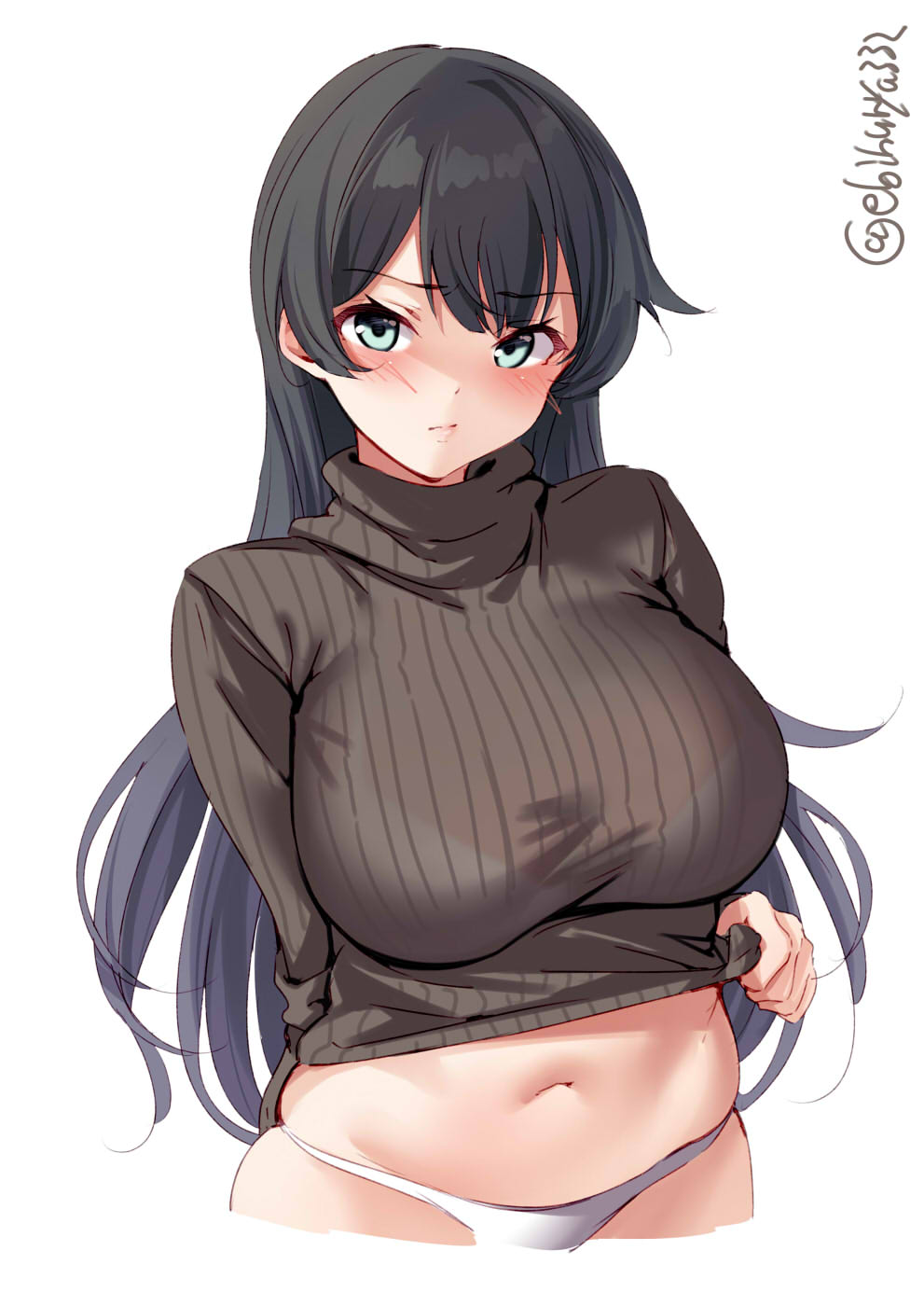 1girl agano_(kantai_collection) black_hair breasts commentary_request ebifurya green_eyes grey_sweater highres kantai_collection large_breasts long_hair looking_at_viewer navel panties ribbed_sweater simple_background solo sweater turtleneck twitter_username underwear white_background white_panties