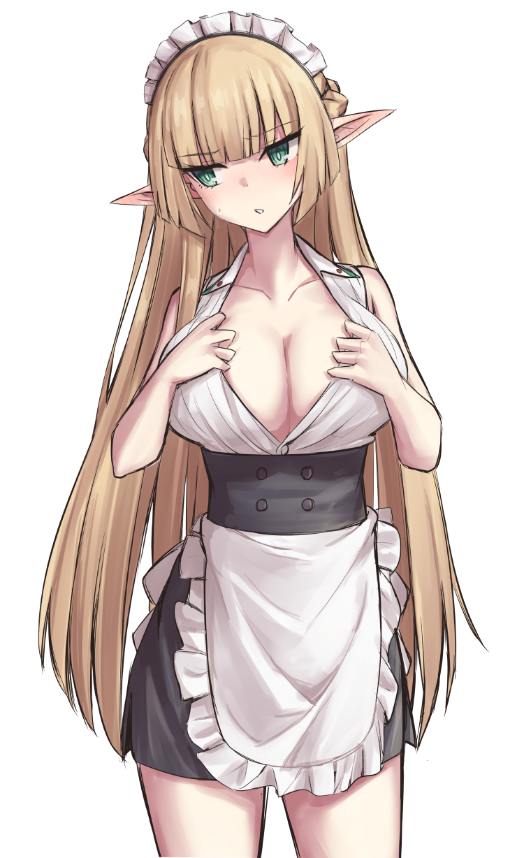 1girl apron bangs bare_shoulders black_dress blonde_hair blunt_bangs blush breasts cleavage collarbone dress elf elfenlied22 green_eyes highres large_breasts long_hair looking_to_the_side maid_dress maid_headdress open_mouth original pointy_ears simple_background thighs tira_(elfenlied22) white_apron white_background
