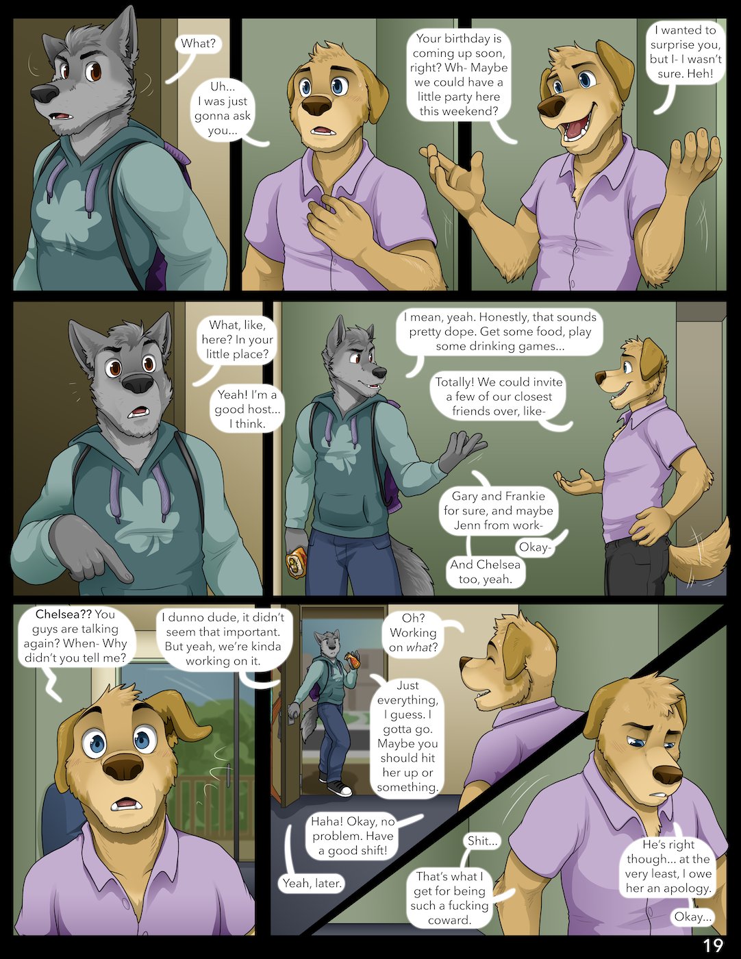 andrew_oleander anthro apartment bird_dog burrito canid canine canis clothing comic cooper_estevez dialogue domestic_dog dress_shirt duo english_text golden_retriever hi_res hoodie hunting_dog jackaloo male mammal retriever shirt text topwear wolf