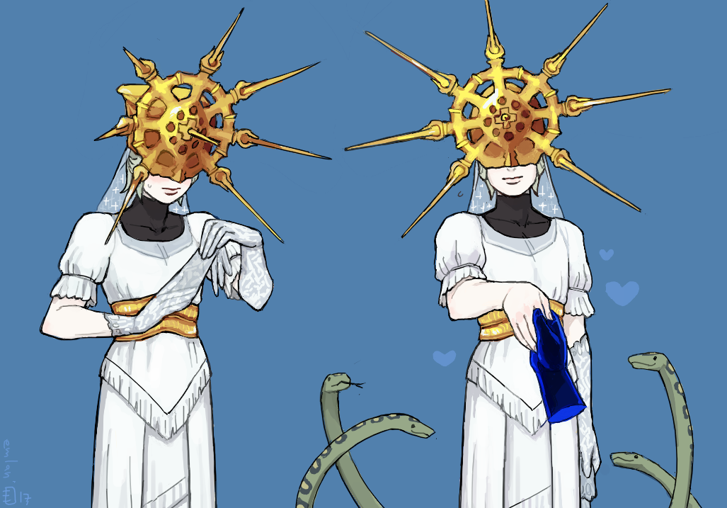 1boy blue_background covered_eyes crossdressing dark_souls dark_sun_gwyndolin disembodied_limb dress emlan heart holding_hands mask multiple_views otoko_no_ko removing_glove short_hair short_sleeves simple_background snake souls_(from_software) sun_(symbol) veil white_dress white_hair