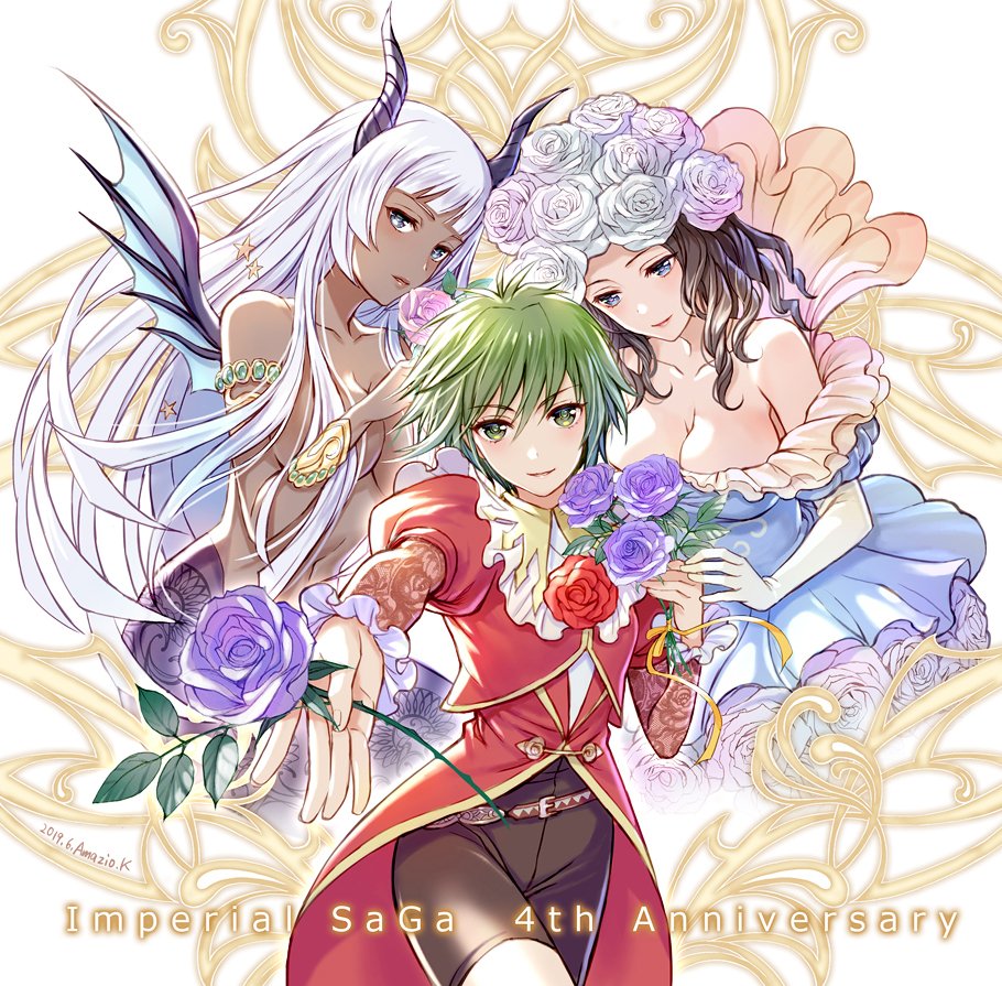 amazio_komeko asellus_(saga_frontier) bike_shorts breasts brown_hair cleavage closed_mouth curly_hair dark_skin dress flower green_eyes green_hair hair_flower hair_ornament horns imperial_saga jewelry large_breasts long_hair looking_at_viewer mermaid mesarthim monster_girl multiple_girls princess_white_rose red_flower red_rose rose saga saga_frontier short_hair smile white_flower white_rose