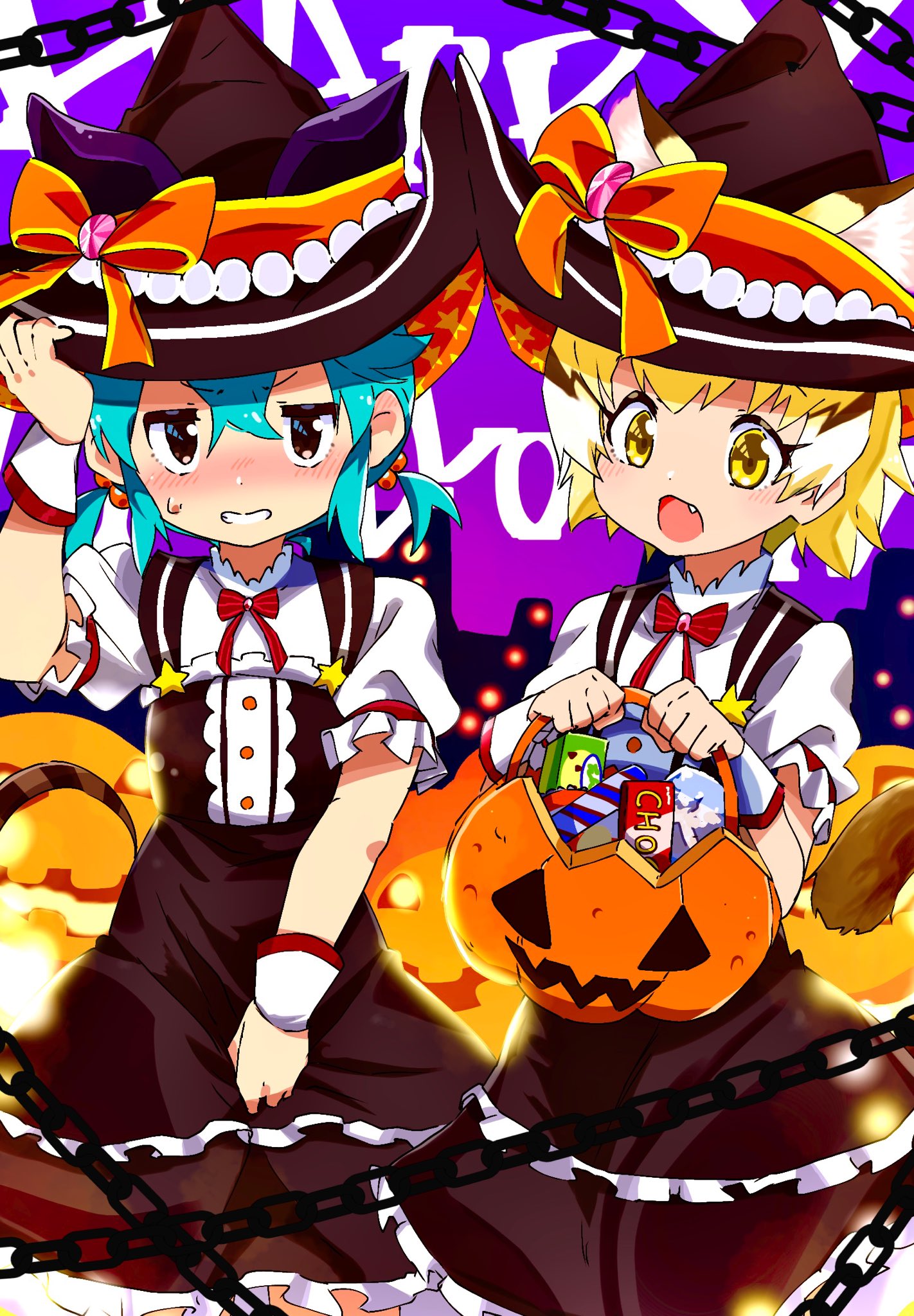 2girls alternate_costume alternate_hairstyle animal_ears bauble black_dress blonde_hair blue_hair blush bow bowtie brown_eyes cat_ears cat_girl cat_tail center_frills commentary_request dress embarrassed extra_ears fang frilled_dress frills hakoneko_(marisa19899200) halloween halloween_basket halloween_costume hat hat_bow highres kemono_friends kemono_friends_3 multiple_girls open_mouth puffy_short_sleeves puffy_sleeves red_neckwear sand_cat_(kemono_friends) shirt short_hair short_sleeves short_twintails sleeve_cuffs snake_tail sweatdrop tail tsuchinoko_(kemono_friends) twintails white_shirt witch_costume witch_hat yellow_eyes