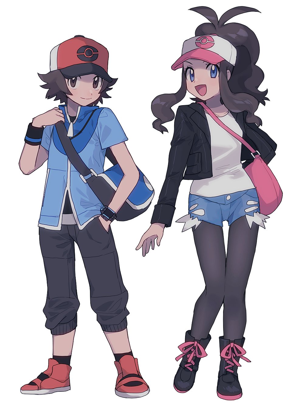 1boy 1girl :d antenna_hair bag baseball_cap black_footwear black_jacket black_legwear black_pants black_wristband blue_eyes blue_jacket boots brown_eyes brown_hair closed_mouth commentary_request denim denim_shorts eyelashes hand_in_pocket hand_up hat highres hilbert_(pokemon) hilda_(pokemon) jacket long_hair open_clothes open_jacket open_mouth oshi_taberu pants pantyhose pokemon pokemon_(game) pokemon_bw shirt shoes short_shorts short_sleeves shorts shoulder_bag sidelocks smile socks standing tongue white_background white_shirt wristband