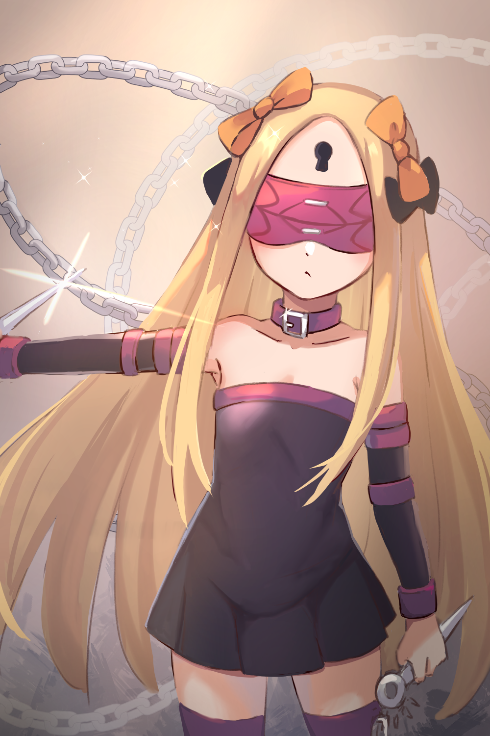 1girl abigail_williams_(fate/grand_order) bangs bare_shoulders black_bow black_dress black_sleeves blindfold blonde_hair blue_eyes blush bow breasts chain closed_mouth collar collarbone cosplay dagger detached_sleeves dress fate/grand_order fate/stay_night fate_(series) forehead glint hair_bow highres keyhole long_hair long_sleeves looking_at_viewer miya_(miyaruta) multiple_bows nameless_dagger orange_bow parted_bangs purple_collar rider rider_(cosplay) short_dress sidelocks small_breasts strapless strapless_dress thighs weapon