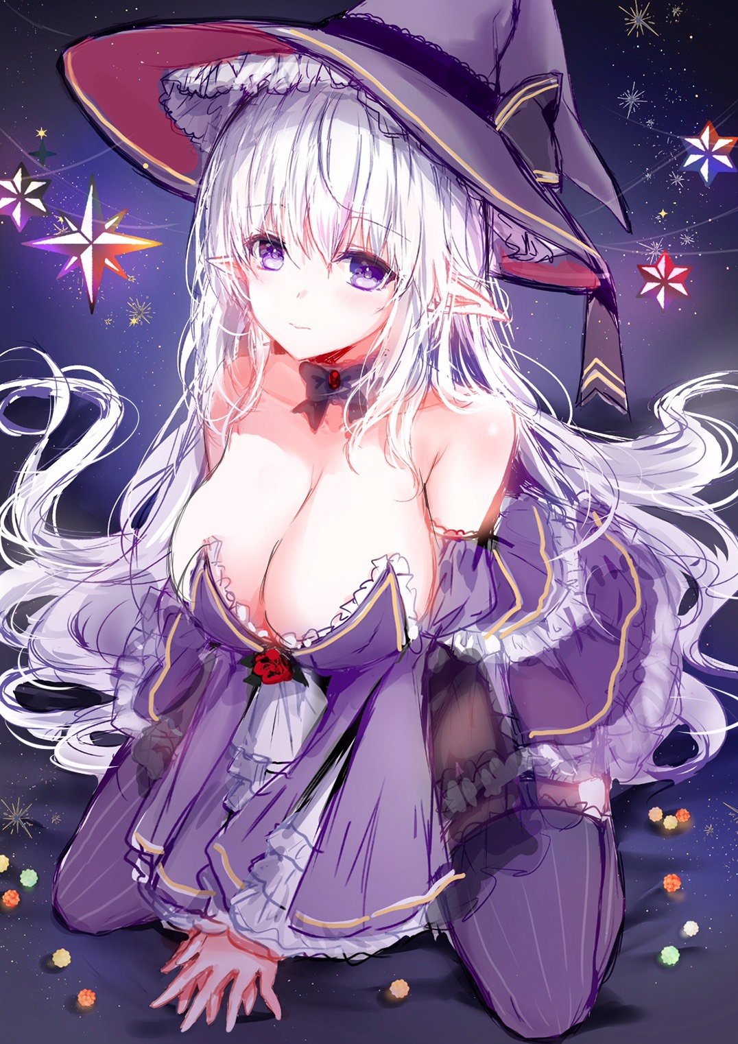 1girl black_ribbon blush breasts candy choker cleavage collarbone commentary_request elf eyebrows_visible_through_hair food hat highres large_breasts long_hair mafuyu original pointy_ears purple_eyes ribbon sitting sketch snowflakes solo thighhighs wariza white_hair witch witch_hat yuuri_(mafuyu)