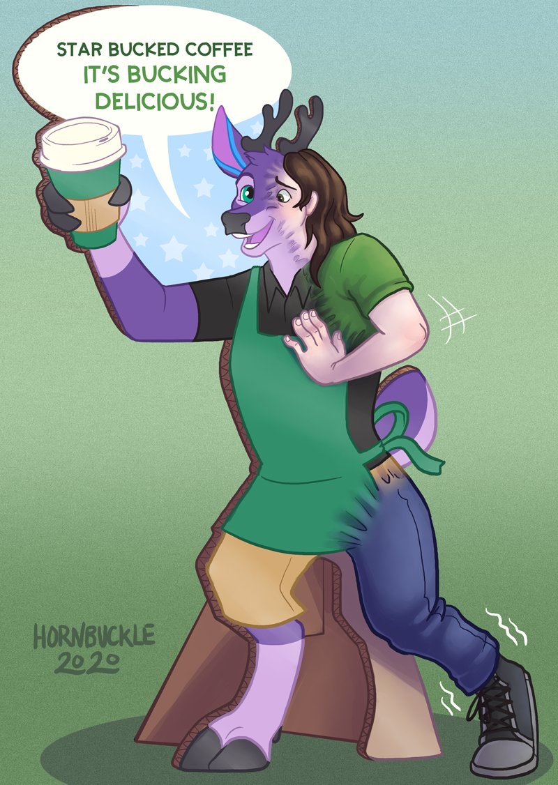 2020 antlers apron beverage black_nose bottomwear brown_hair cervid clothing dialogue footwear green_eyes hair holding_beverage holding_object hooves horn hornbuckle human human_to_anthro human_to_inanimate inanimate_transformation male mammal pants purple_body shoes simple_background smile solo species_transformation standing transformation