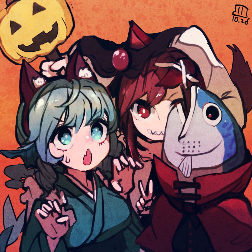 3girls animal_ear_fluff animal_ears blue_hair bright_pupils brooch brown_hair cape claw_pose commentary_request dated dress fake_animal_ears fang fish_head grass_root_youkai_network green_eyes green_kimono grin halloween halloween_costume hands_up head_fins headless high_collar holding imaizumi_kagerou jack-o'-lantern japanese_clothes jewelry kimono maaru_(akira428) multiple_girls open_mouth orange_background red_cape red_eyes reverse_mermaid role_reversal sekibanki skin_fang smile touhou upper_body v wakasagihime white_dress wolf_ears