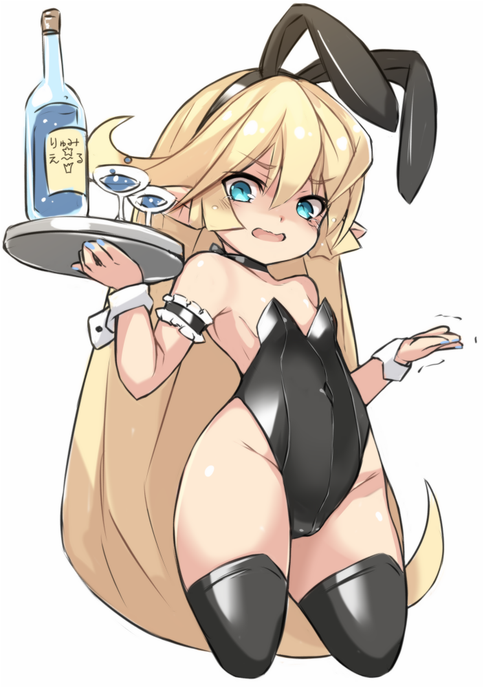 1girl animal_ears bare_shoulders black_leotard blonde_hair blue_eyes bunny_ears charlotta_fenia fake_animal_ears granblue_fantasy harvin karukan_(monjya) leotard long_hair playboy_bunny pointy_ears solo strapless strapless_leotard wrist_cuffs