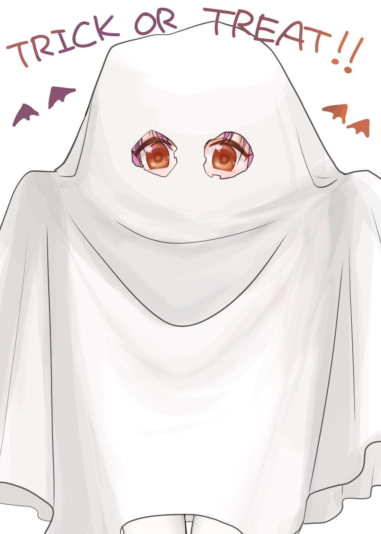 1girl bobokuboboku commentary_request cowboy_shot ghost highres holes kantai_collection kunashiri_(kantai_collection) looking_at_viewer orange_eyes pantyhose simple_background solo standing trick_or_treat white_background white_legwear