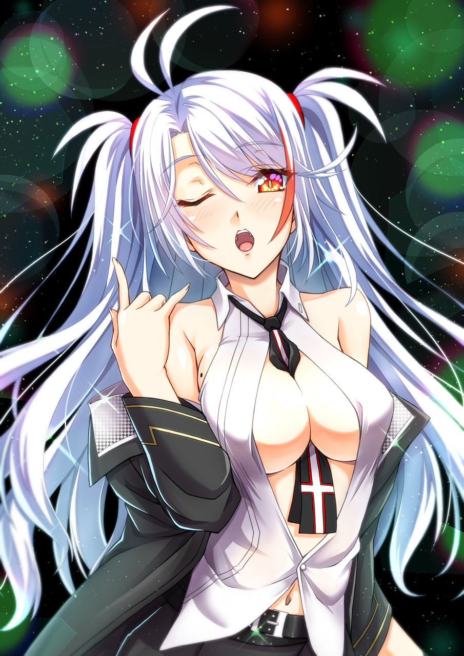 1girl admiral_hipper_(azur_lane) admiral_hipper_(azur_lane)_(cosplay) admiral_hipper_(muse)_(azur_lane) antenna_hair azur_lane bangs bare_shoulders belt between_breasts black_jacket blush breasts cleavage collared_shirt cosplay eyebrows_visible_through_hair gekato head_tilt highres jacket large_breasts long_hair long_sleeves looking_at_viewer mole mole_on_breast multicolored_hair navel necktie off-shoulder_jacket one_eye_closed open_mouth orange_eyes prinz_eugen_(azur_lane) red_hair shirt silver_hair sleeveless sleeveless_shirt solo sparkle streaked_hair swept_bangs two_side_up very_long_hair white_shirt