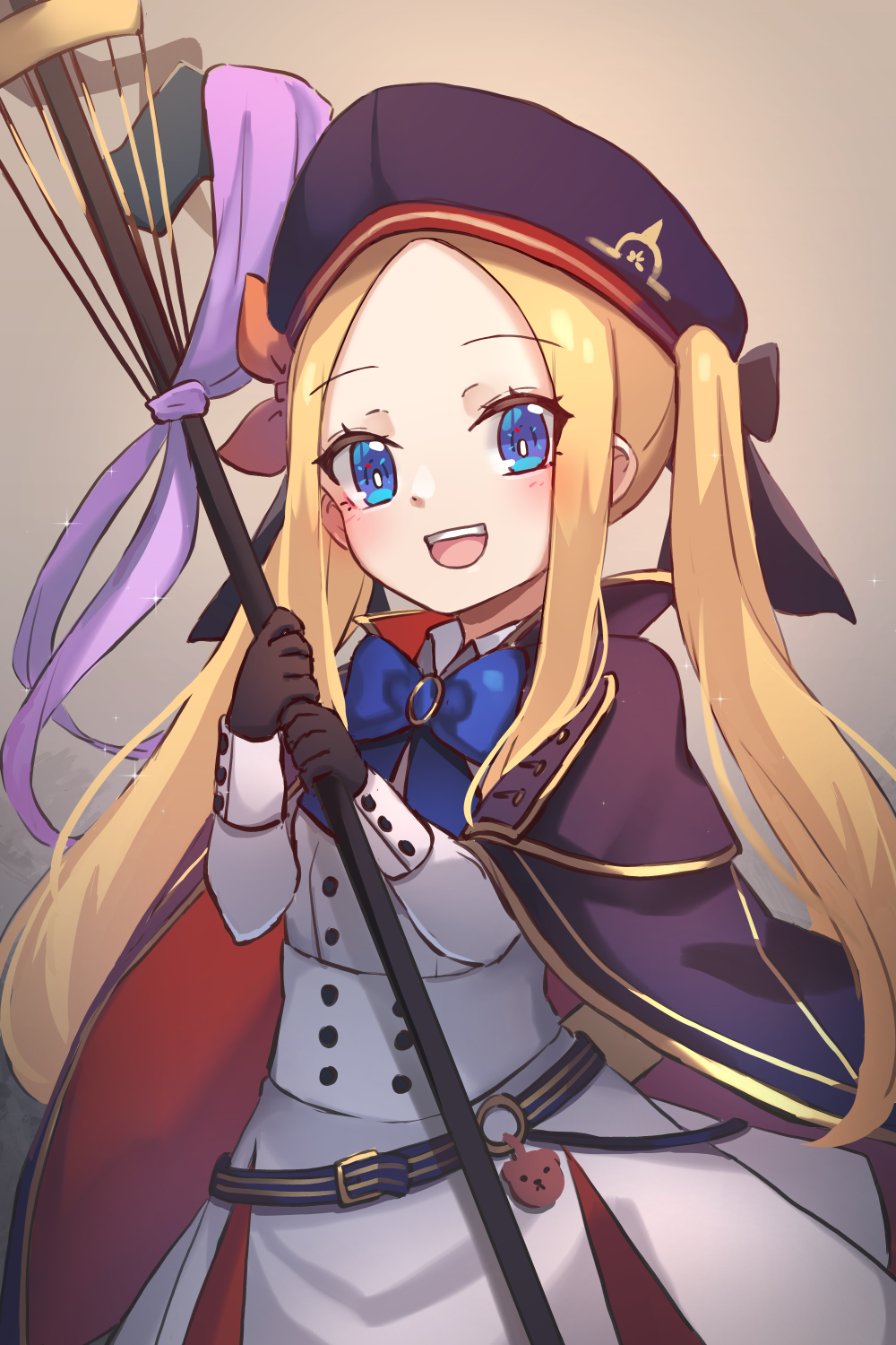 1girl :d abigail_williams_(fate/grand_order) artoria_pendragon_(all) artoria_pendragon_(caster) artoria_pendragon_(caster)_(cosplay) bangs belt beret black_bow blonde_hair blue_belt blue_cape blue_eyes blue_headwear bow breasts cape cosplay dress fate/grand_order fate_(series) forehead hat highres holding holding_staff long_hair miya_(miyaruta) multiple_bows open_mouth orange_bow parted_bangs small_breasts smile solo staff twintails upper_teeth white_dress