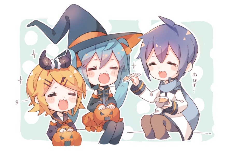 1boy 2girls aqua_hair bangs black_collar black_headwear black_legwear black_sleeves blonde_hair blue_hair blue_scarf bubble_skirt chibi coat collar commentary cup detached_sleeves feeding hair_ornament hairclip halloween halloween_basket halloween_costume hat hatsune_miku holding holding_cup horns ice_cream_cup kagamine_rin kaito long_hair multiple_girls niwako open_mouth orange_skirt sailor_collar scarf short_hair sitting skirt sparkle swept_bangs tears thighhighs trick_or_treat twintails very_long_hair vocaloid white_coat witch_hat