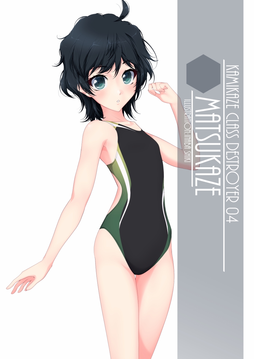 1girl ahoge artist_name bangs black_hair black_swimsuit character_name commentary_request competition_swimsuit cowboy_shot flat_chest green_eyes highres inaba_shiki kantai_collection looking_at_viewer matsukaze_(kantai_collection) multicolored multicolored_clothes multicolored_swimsuit one-piece_swimsuit parted_lips short_hair simple_background solo swept_bangs swimsuit tsurime wavy_hair white_background