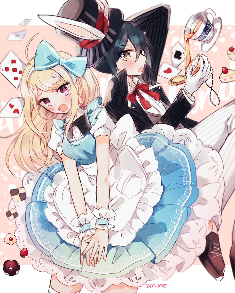 1boy 1girl :d ahoge akamatsu_kaede alice_(wonderland) alice_(wonderland)_(cosplay) alice_in_wonderland alternate_costume animal_ears apron bangs black_bow black_hair black_headwear blonde_hair blue_dress blush bow bowtie breasts brown_eyes brown_footwear bunny_ears candy card commentary_request cosplay cup dalrye_v3 danganronpa dress food frilled_apron frilled_dress frills fruit gloves hair_ornament hat jacket long_hair long_sleeves looking_at_viewer medium_breasts musical_note musical_note_hair_ornament new_danganronpa_v3 open_mouth pants pink_eyes playing_card pocket_watch puffy_short_sleeves puffy_sleeves red_ribbon ribbon saihara_shuuichi shirt shoes short_hair short_sleeves smile strawberry striped striped_jacket striped_pants teacup thighhighs top_hat twitter_username waist_apron watch white_apron white_gloves white_legwear white_pants white_rabbit white_rabbit_(cosplay) white_shirt