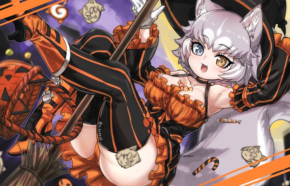 1girl :3 :d alternate_costume animal_ear_fluff animal_ears armpits bare_shoulders basket black_legwear blue_eyes boots broom candy candy_cane collarbone commentary detached_sleeves dog_(mixed_breed)_(kemono_friends) dog_ears dog_girl dog_tail eyebrows_visible_through_hair fang food gloves grey_hair halloween halloween_basket halloween_costume hand_on_headwear hand_up hat heterochromia high_heel_boots high_heels japari_symbol kemono_friends looking_at_viewer multicolored_hair nyifu open_mouth orange_footwear orange_panties panties short_hair smile solo striped striped_legwear tail thighhighs twitter_username two-tone_hair underwear vertical-striped_legwear vertical_stripes white_gloves white_hair witch_hat yellow_eyes