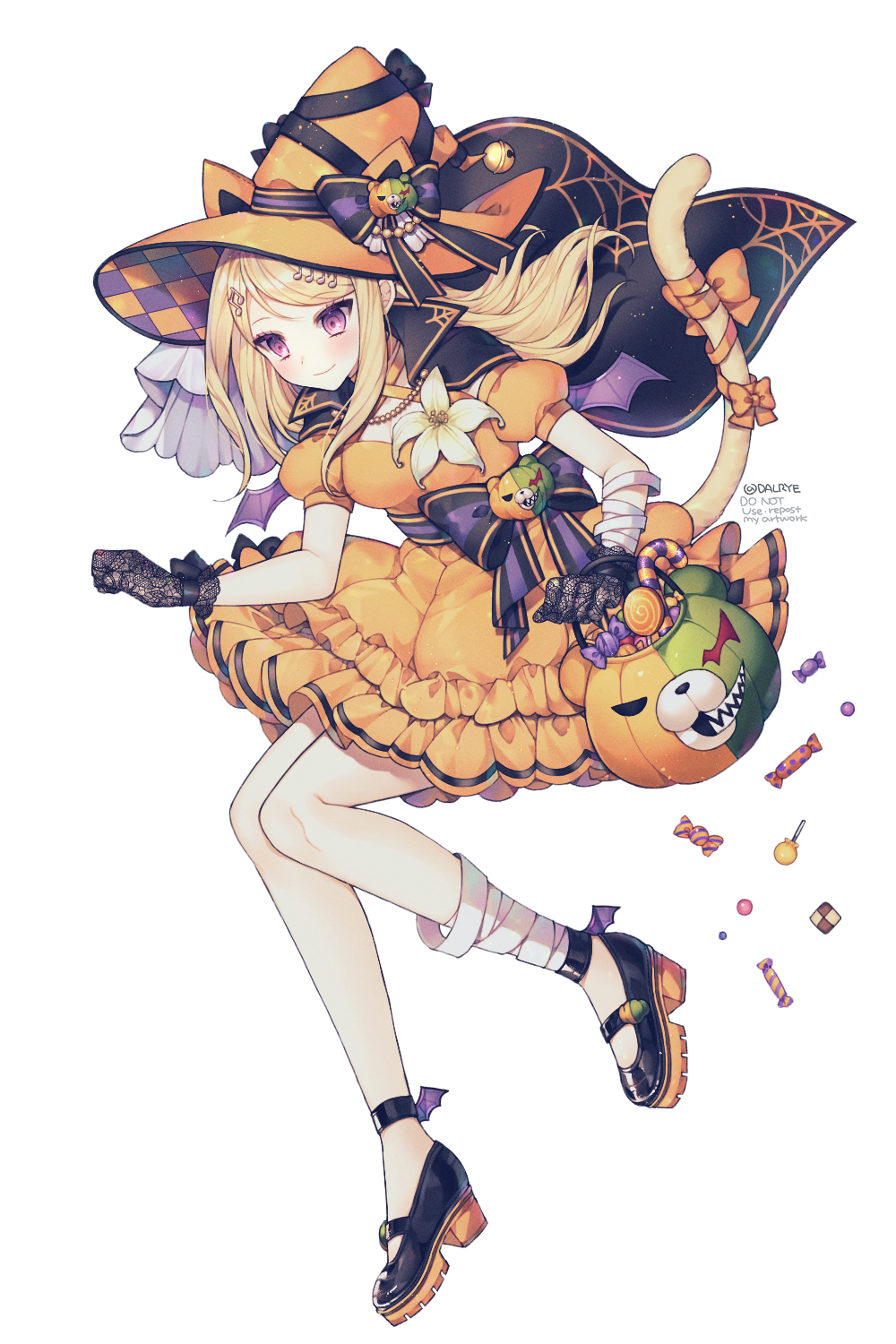 1girl akamatsu_kaede alternate_costume animal_ears bandaged_leg bandages bangs bat_wings black_bow black_cape black_footwear black_gloves black_ribbon blonde_hair bow breasts candy cape cat_ears cat_tail commentary_request dalrye_v3 danganronpa detached_sleeves dress falling floating_clothes food frilled_dress frills full_body gloves halloween halloween_basket hat hat_bow highres jack-o'-lantern jewelry lace lace_gloves long_hair looking_down medium_breasts mini_wings monokuma necklace new_danganronpa_v3 orange_bow orange_dress orange_footwear orange_headwear pink_eyes plaid_headwear puffy_short_sleeves puffy_sleeves purple_eyes repost_notice ribbon sharp_teeth shoes short_sleeves smile solo tail tail_bow teeth twitter_username wings witch_hat