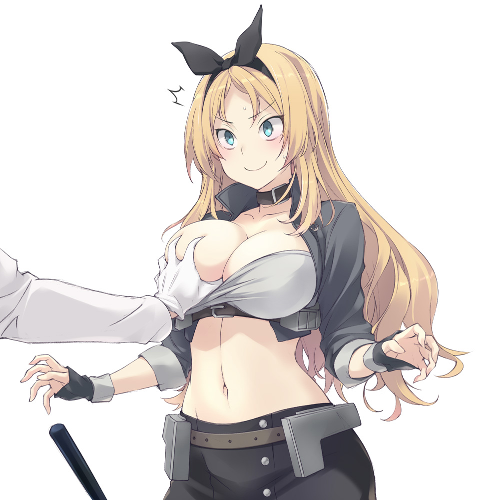 /\/\/\ 1girl 1other admiral_(kantai_collection) bandeau black_gloves black_hairband blonde_hair blue_eyes breast_hold breasts choker cowboy_shot cropped_jacket fingerless_gloves gloves grey_jacket grey_skirt groping hairband jacket kantai_collection large_breasts midriff navel nelson_(kantai_collection) race_queen sakana simple_background skirt white_background