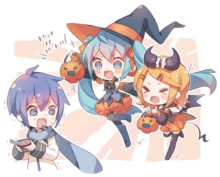 &gt;_&lt; 1boy 2girls aqua_eyes aqua_hair arm_up bangs black_collar black_dress black_headwear black_legwear black_sleeves blonde_hair blue_eyes blue_hair blue_scarf blush_stickers bubble_skirt chibi closed_eyes coat collar commentary cup demon_tail demon_wings detached_sleeves dress fang hair_ornament hairclip halloween halloween_basket halloween_costume hat hatsune_miku holding holding_cup horns ice_cream_cup jack-o'-lantern kagamine_rin kaito long_hair multiple_girls niwako open_mouth orange_skirt outstretched_arms running sailor_collar scarf short_hair skirt smile sparkling_eyes surprised swept_bangs tail translated trembling trick_or_treat twintails very_long_hair vocaloid white_coat wings witch_hat