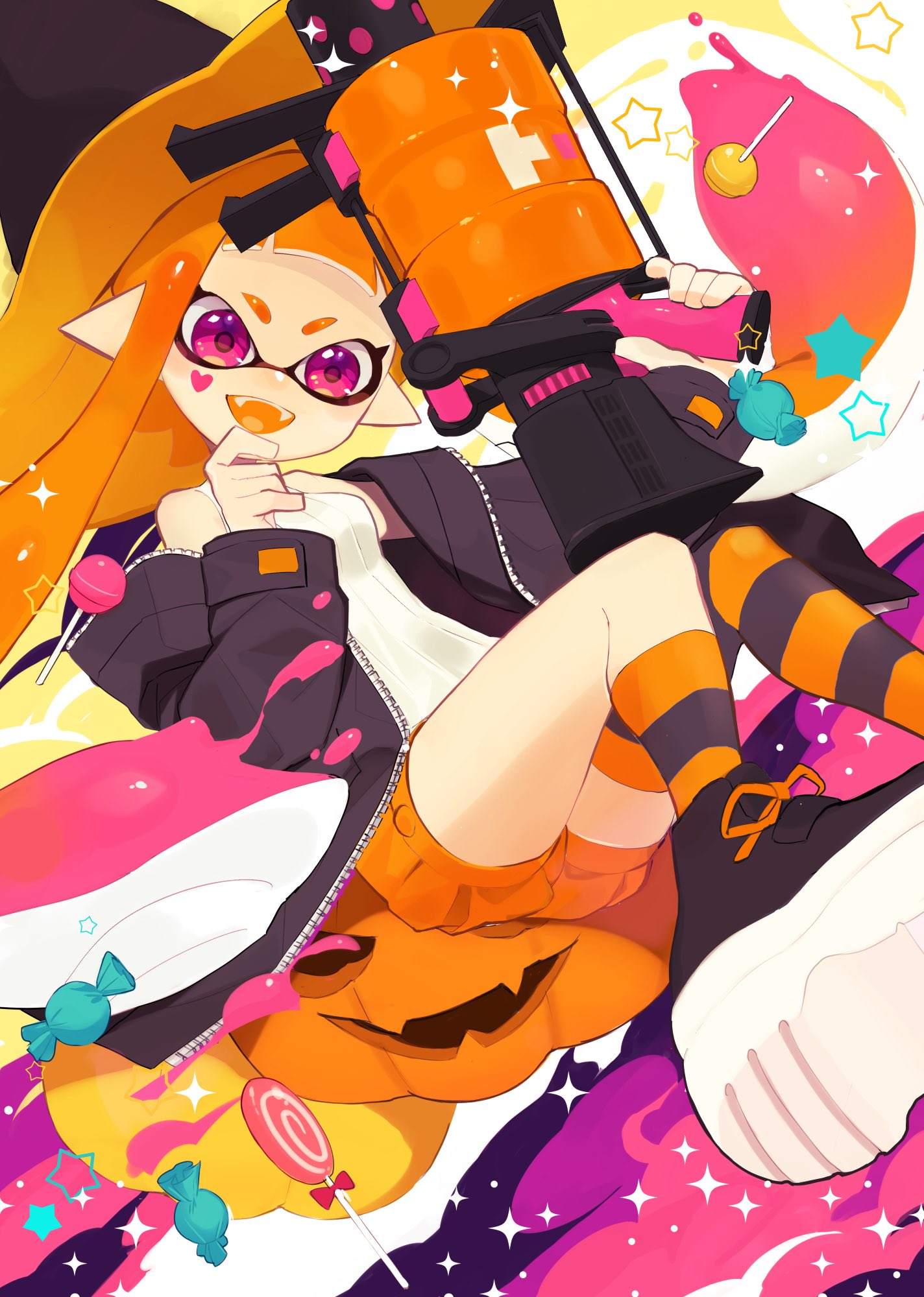 .52_gal_(splatoon) 1girl asymmetrical_legwear bangs black_footwear black_headwear black_jacket blunt_bangs candy chin_grab commentary domino_mask english_commentary facial_mark fangs floating food halloween halloween_costume halterneck hat heart highres holding holding_weapon inkling jack-o'-lantern jacket lollipop long_hair looking_at_viewer mask nomu off_shoulder open_clothes open_jacket open_mouth orange_hair orange_headwear orange_legwear orange_shorts orange_tongue paint_splatter pink_eyes pointy_ears pumpkin_pants ribbed_shirt shirt shoes short_shorts shorts sleeveless sleeveless_shirt smile socks solo sparkle splatoon_(series) star_(symbol) striped striped_legwear tentacle_hair thighhighs two-sided_fabric two-sided_headwear v-shaped_eyebrows weapon white_shirt witch_hat zipper