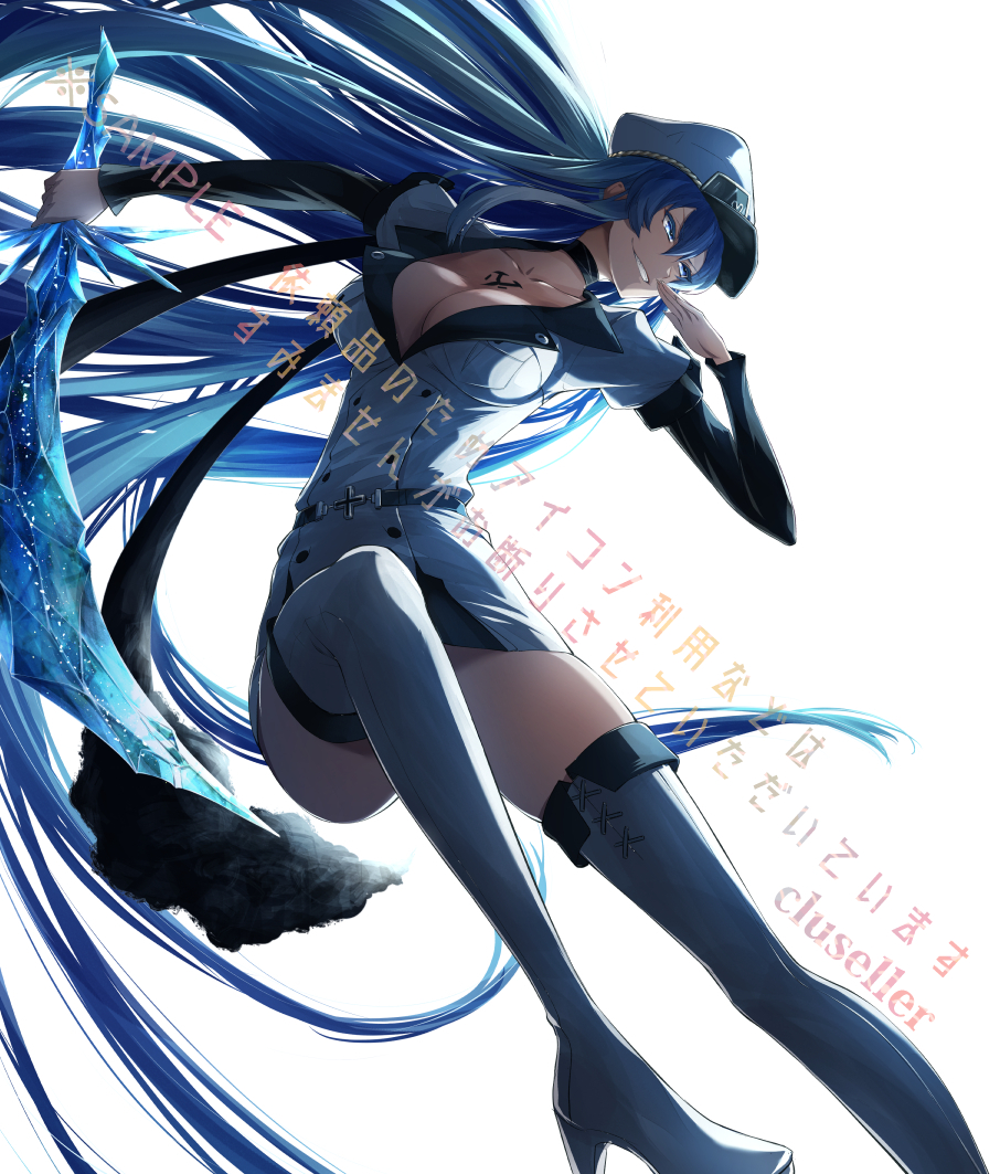 1girl absurdly_long_hair akame_ga_kill! arm_up artist_name bangs belt black_choker blue_eyes blue_hair boots breasts choker cleavage cluseller collarbone commentary_request crystal dress esdeath grin hand_up happy hat high_heels holding holding_sword holding_weapon ice large_breasts leg_up long_hair long_sleeves multicolored_hair peaked_cap sample short_dress short_over_long_sleeves short_sleeves simple_background skindentation smile solo streaked_hair sword tattoo teeth thigh_boots thighhighs translation_request two-tone_hair very_long_hair watermark weapon white_background white_dress white_footwear white_headwear