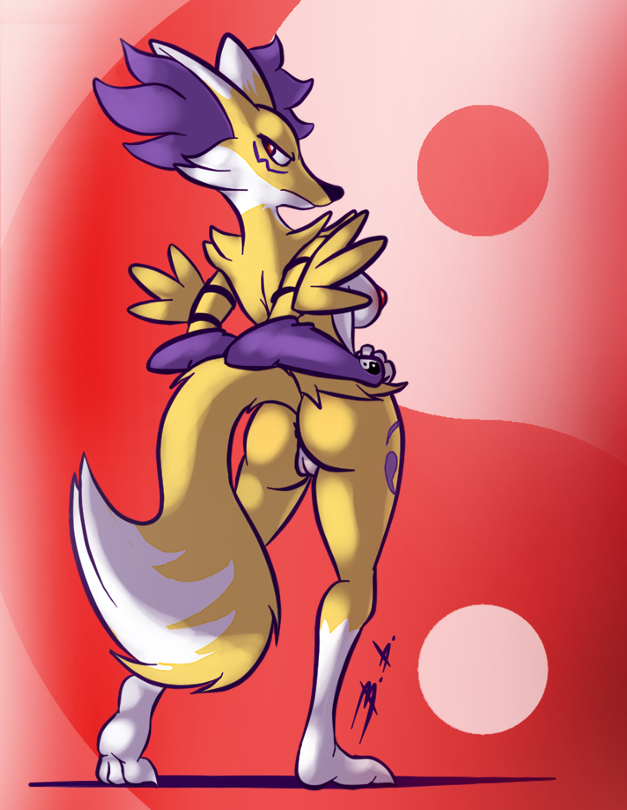 2018 alternate_color annoyed anthro arm_warmers armwear bassybefuddle black_nose breasts butt canid canine clothing cosplay countershade_face countershade_torso countershading crossover crossover_cosplay delphox digimon digimon_(species) digital_media_(artwork) dipstick_ears dipstick_tail facial_markings female frown fur genitals hand_on_hip head_markings inner_ear_fluff leg_markings looking_at_viewer mammal markings mostly_nude multicolored_body multicolored_ears multicolored_fur multicolored_tail nintendo nipples nude paws pok&eacute;mon pok&eacute;mon_(species) pussy rear_view renamon scowl side_boob simple_background solo standing thigh_marking tuft two_tone_body two_tone_fur video_games white_body white_fur yellow_body yellow_fur