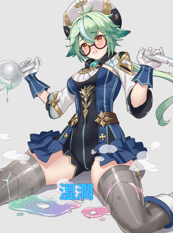 1girl animal_ears antenna_hair bangs beret blue_dress blush boots breasts broken_glass cat_ears clenched_teeth commentary_request covered_navel cuboon dress eyebrows_visible_through_hair gameplay_mechanics genshin_impact glass glasses gloves gold_trim green_hair grey_background grey_legwear hair_between_eyes hat holding holding_test_tube knee_boots liquid low_ponytail medium_breasts multicolored_hair nose_blush orange_eyes ponytail semi-rimless_eyewear sexually_suggestive shrug_(clothing) sidelocks sitting skindentation solo steam sucrose_(genshin_impact) teeth test_tube thighhighs translated vial vision_(genshin_impact) wariza white_footwear white_gloves white_headwear zettai_ryouiki