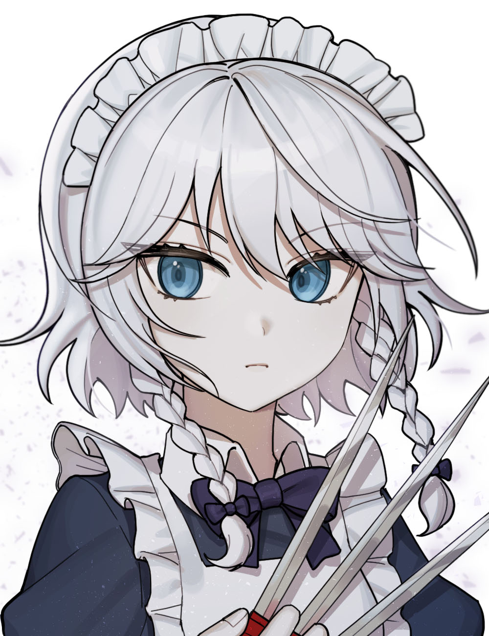 100100drawing 1girl bangs black_bow black_neckwear blue_eyes bow bowtie braid closed_mouth collarbone eyebrows_visible_through_hair hair_between_eyes hair_bow highres holding holding_knife izayoi_sakuya knife looking_at_viewer maid maid_dress maid_headdress short_hair silver_hair simple_background solo touhou twin_braids upper_body v-shaped_eyebrows white_background