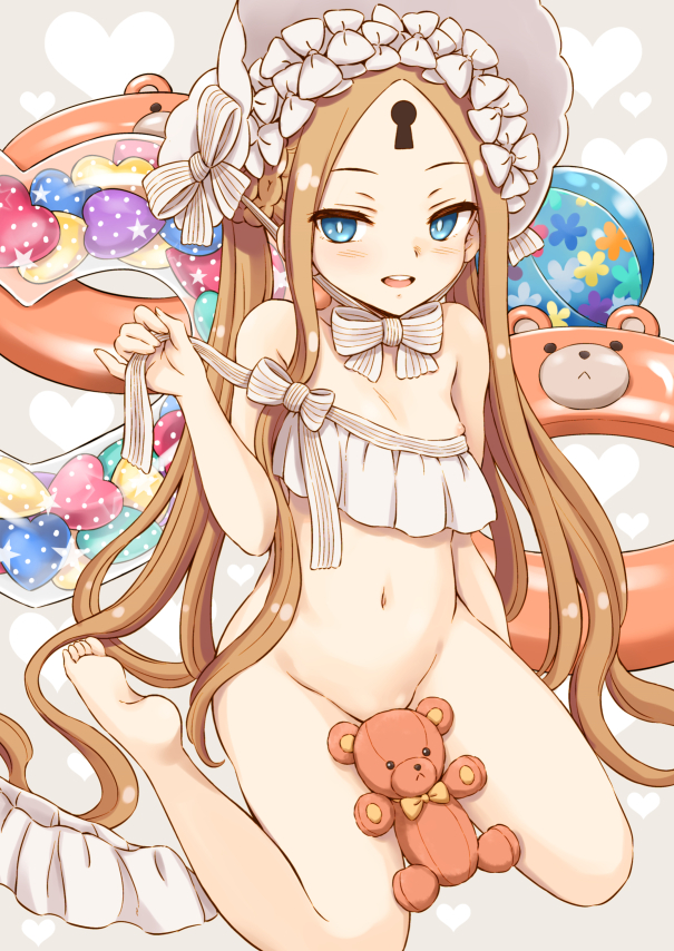 1girl abigail_williams_(fate/grand_order) abigail_williams_(swimsuit_foreigner)_(fate) bangs blonde_hair blue_eyes blush bottomless bow breasts fate/grand_order fate_(series) hirasaka_makoto keyhole looking_at_viewer nipple_slip nipples open_mouth parted_bangs small_breasts soles stuffed_animal stuffed_toy swimsuit teddy_bear toes white_bow