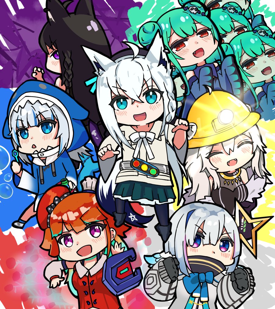 amane_kanata animal_ears beret black_hair blue_eyes braid bubble_blowing clone fish_tail fox_ears fox_tail gatakiriba_(ooo_combo) gauntlets gawr_gura green_hair hair_ornament halo hardhat harlequin-wheels hat helmet hololive hololive_english hood kamen_rider kamen_rider_ooo_(series) kurokami_fubuki purple_eyes putotyra_(ooo_combo) ratoratah_(ooo_combo) red_eyes red_hair rider_belt sagohzo_(ooo_combo) shark_tail shauta_(ooo_combo) shield shirakami_fubuki shishiro_botan skull_hair_ornament tail tajador_(ooo_combo) takanashi_kiara tatoba_(ooo_combo) uruha_rushia white_hair