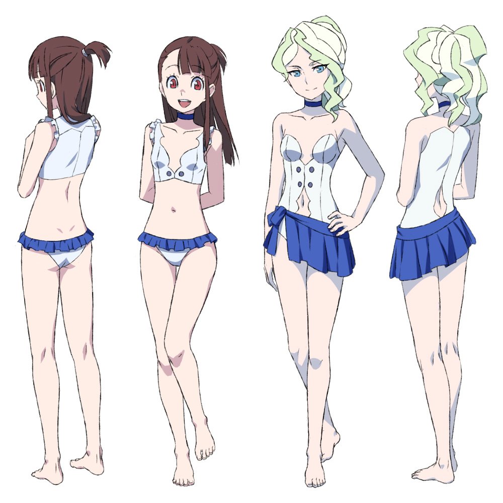 2girls ass bare_legs barefoot blonde_hair blue_eyes blush breasts brown_eyes brown_hair diana_cavendish groin kagari_atsuko little_witch_academia midriff multiple_girls navel satochi_(twitter) simple_background skirt small_breasts smile swimsuit white_background