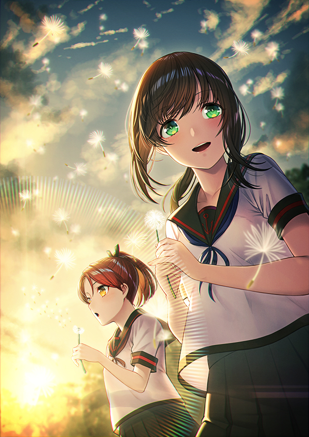 2girls anchor_symbol black_hair black_sailor_collar black_skirt blush brown_eyes brown_hair dandelion dandelion_seed flower fubuki_(kantai_collection) green_eyes holding holding_flower kantai_collection multiple_girls open_mouth pleated_skirt ponytail remodel_(kantai_collection) sailor_collar school_uniform serafuku shikinami_(kantai_collection) short_hair short_sleeves skirt smile sun unowen upper_body