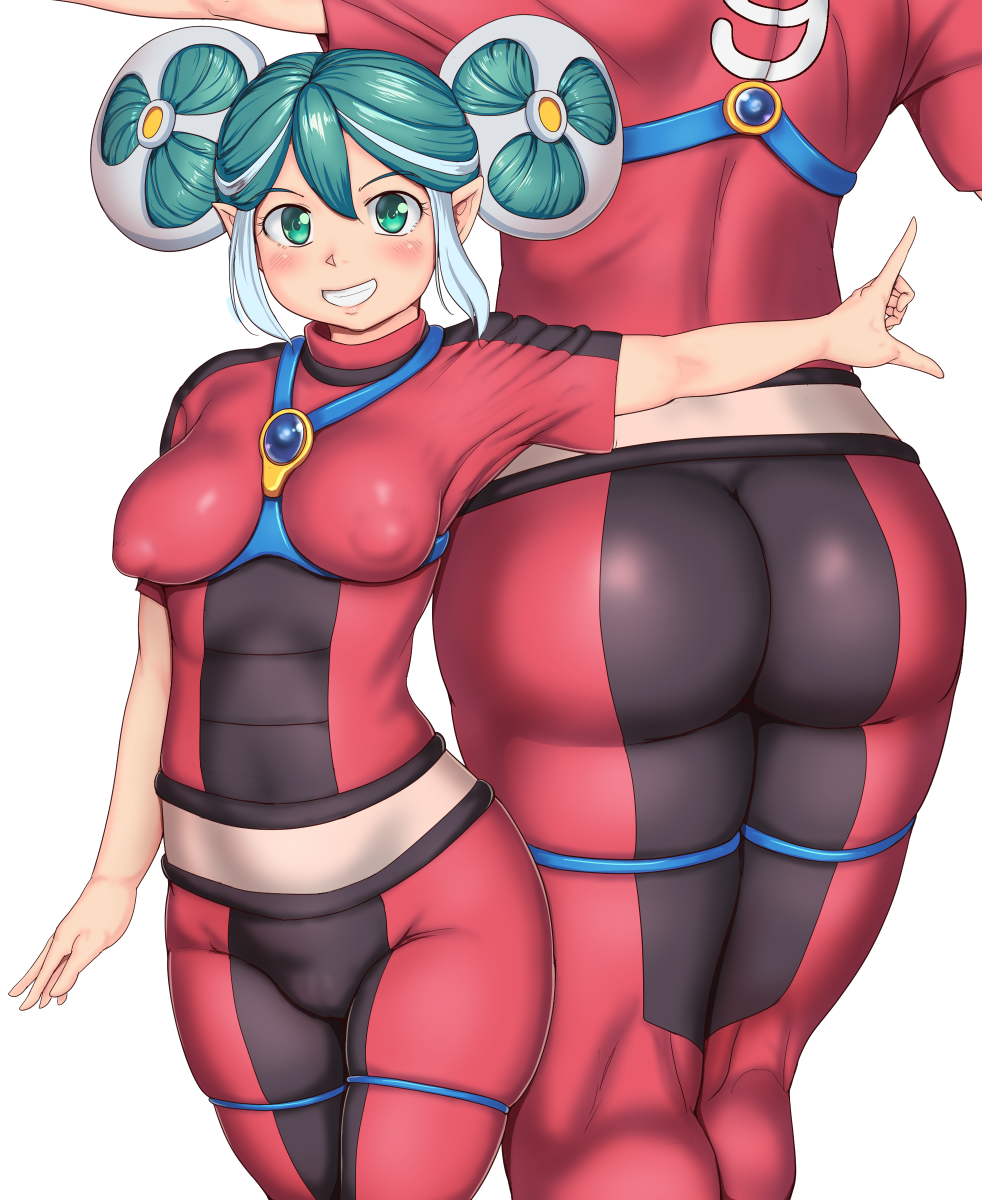 aqua_eyes aqua_hair ass bodysuit breasts covered_nipples double_bun highres inazuma_eleven inazuma_eleven_(series) medium_breasts multicolored_hair multiple_views orizen pointy_ears silver_hair smile standing two-tone_hair white_background