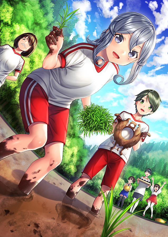 6+girls akagi_(kantai_collection) alternate_costume arms_up bangs black_hair black_legwear blue_eyes blue_hair blush brown_eyes brown_hair closed_eyes closed_mouth cloud collarbone commentary_request crying day dirty enemy_lifebuoy_(kantai_collection) eyebrows_visible_through_hair field gotland_(kantai_collection) green_eyes green_hair grimace gym_uniform hair_between_eyes hair_bun hakama_skirt holding holding_tray houshou_(kantai_collection) hyuuga_(kantai_collection) japanese_clothes kaga_(kantai_collection) kantai_collection kettle long_hair looking_at_viewer mogami_(kantai_collection) mole mole_under_eye mountain mud multiple_girls open_mouth outdoors pain planting rice_paddy rice_planting shirt short_hair short_sleeves shorts side_ponytail skirt sky smile standing swept_bangs tears thighhighs tray tree unowen white_legwear white_shirt younger