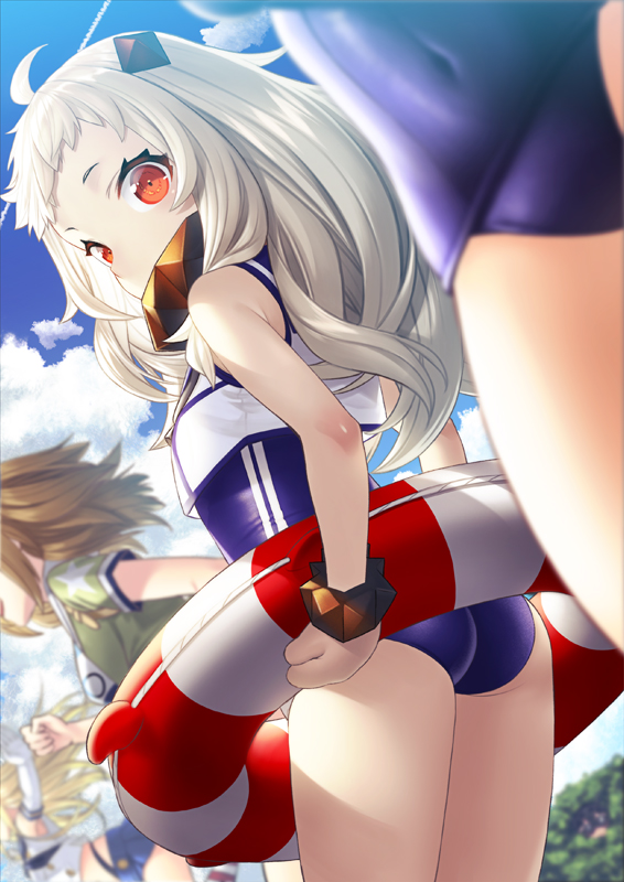 4girls abyssal_ship ahoge ass black_panties blonde_hair blue_sky breasts brown_hair clothes_writing cloud cosplay covered_navel crop_top day elbow_gloves gloves grey_eyes highleg highleg_panties horns i-26_(kantai_collection) kantai_collection lifebuoy long_hair looking_at_viewer miniskirt mittens multiple_girls new_school_swimsuit northern_ocean_princess one-piece_swimsuit open_clothes orange_eyes outdoors panties ro-500_(kantai_collection) ro-500_(kantai_collection)_(cosplay) sailor_collar school_swimsuit shimakaze_(kantai_collection) skirt sky striped striped_legwear swimsuit swimsuit_under_clothes underwear unowen white_gloves white_hair
