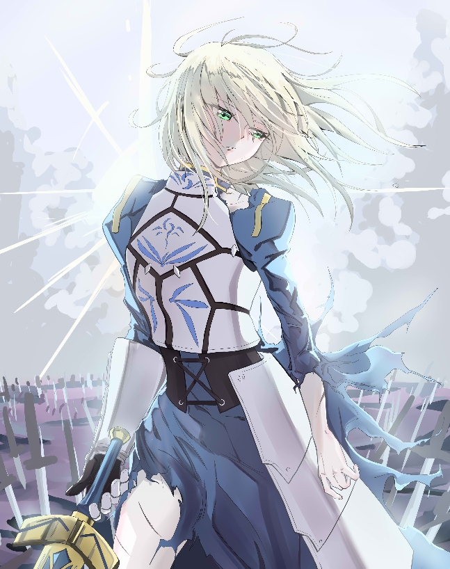1girl armor artoria_pendragon_(all) blonde_hair breastplate dress excalibur fate/grand_order fate/stay_night fate_(series) field_of_blades green_eyes injury juliet_sleeves long_sleeves looking_to_the_side parted_lips puffy_sleeves saber solo suye thighs torn_clothes torn_dress torn_sleeves wind