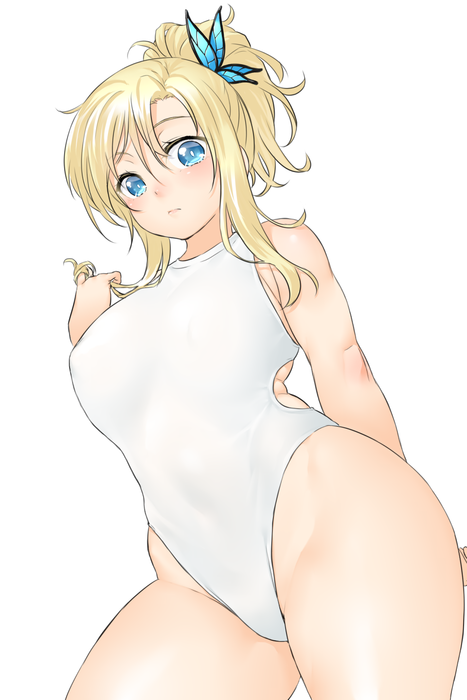 1girl blonde_hair blue_eyes blush boku_wa_tomodachi_ga_sukunai breasts butterfly_hair_ornament cowboy_shot day from_below hair_ornament hair_tousle highleg highleg_swimsuit highres kashiwazaki_sena large_breasts long_hair looking_at_viewer one-piece_swimsuit onsoku_inu simple_background solo swimsuit white_background white_swimsuit