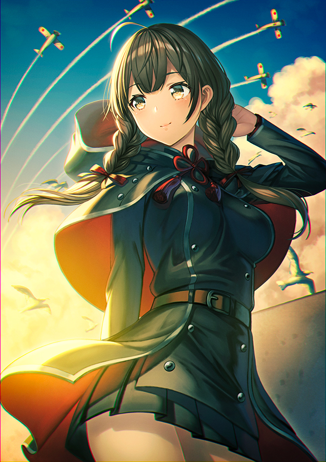 1girl aircraft airplane belt black_capelet black_dress blush braid breasts brown_belt brown_eyes brown_hair capelet commentary_request cowboy_shot dress eyebrows_visible_through_hair floating_hair hair_ribbon hood hooded_capelet kantai_collection large_breasts long_hair long_sleeves looking_away outdoors pleated_dress red_ribbon ribbon shinshuu_maru_(kantai_collection) solo twin_braids unowen wind