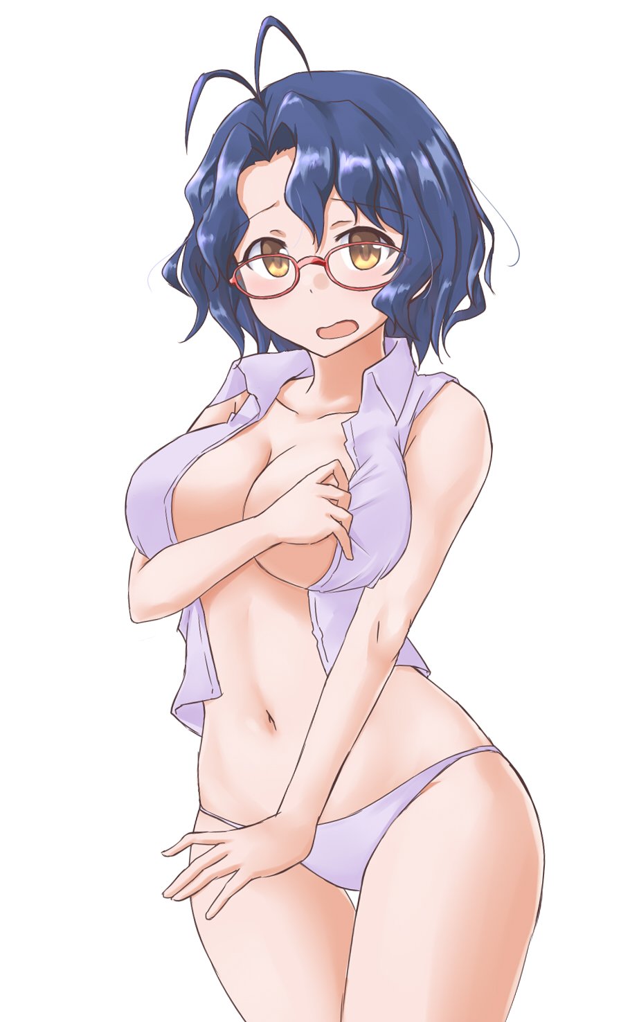 1girl aimobake antenna_hair bespectacled blue_hair blush breasts brown_eyes cleavage collared_shirt covering covering_breasts cowboy_shot eyebrows_visible_through_hair frown glasses highres idolmaster idolmaster_million_live! large_breasts looking_at_viewer navel no_pants open_clothes open_mouth open_shirt panties purple_panties purple_shirt red-framed_eyewear shirt short_hair simple_background skindentation solo standing thigh_gap toyokawa_fuuka underwear white_background