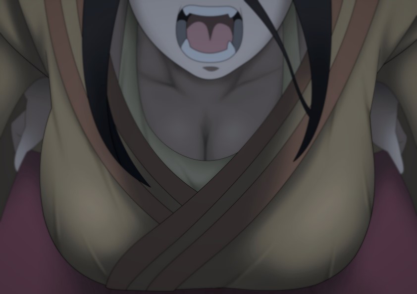 1girl angry bent_over black_hair boruto:_naruto_next_generations breasts cleavage downblouse eeshin_(eishin5584) hand_on_hip head_out_of_frame hyuuga_hanabi japanese_clothes kimono naruto naruto_(series) pov teeth tongue