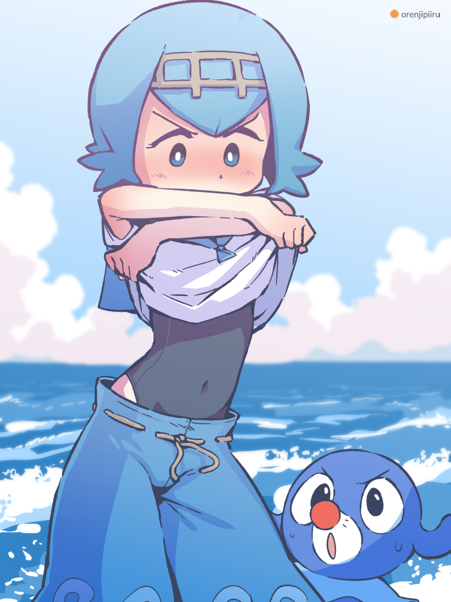 1girl arms_up artist_name bangs black_swimsuit blue_background blue_eyes blue_hair blue_pants blue_sailor_collar blue_sky blue_theme blush brown_hairband cloud commentary_request covered_navel day embarrassed english_commentary flat_chest gen_7_pokemon gradient_sky hairband highres horizon lana_(pokemon) lifted_by_self looking_at_another looking_down looking_up mixed-language_commentary nose_blush ocean one-piece_swimsuit open_mouth orange_peel_(artist) outdoors pants partial_commentary pokemon pokemon_(creature) pokemon_(game) pokemon_sm popplio sailor_collar shirt shirt_lift short_hair sky sleeveless sleeveless_shirt solo_focus standing sweat swimsuit swimsuit_under_clothes undressing v-shaped_eyebrows water watermark waves white_shirt