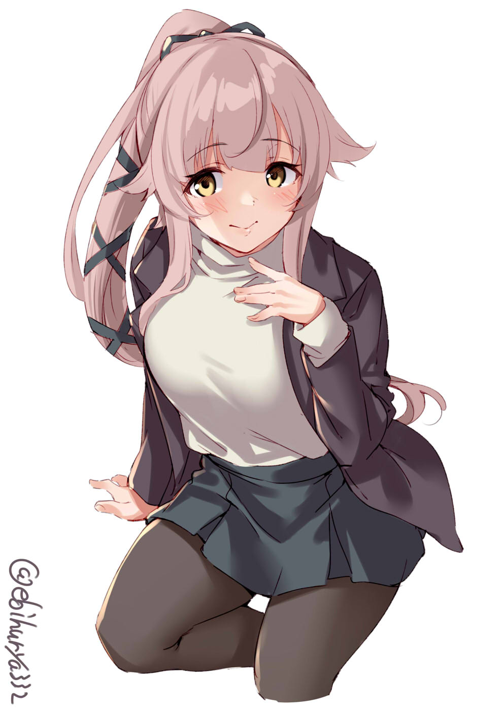 1girl breasts coat cowboy_shot ebifurya hair_flaps highres kantai_collection long_hair pink_hair ponytail sweater twitter_username very_long_hair white_background white_sweater yellow_eyes yura_(kantai_collection)