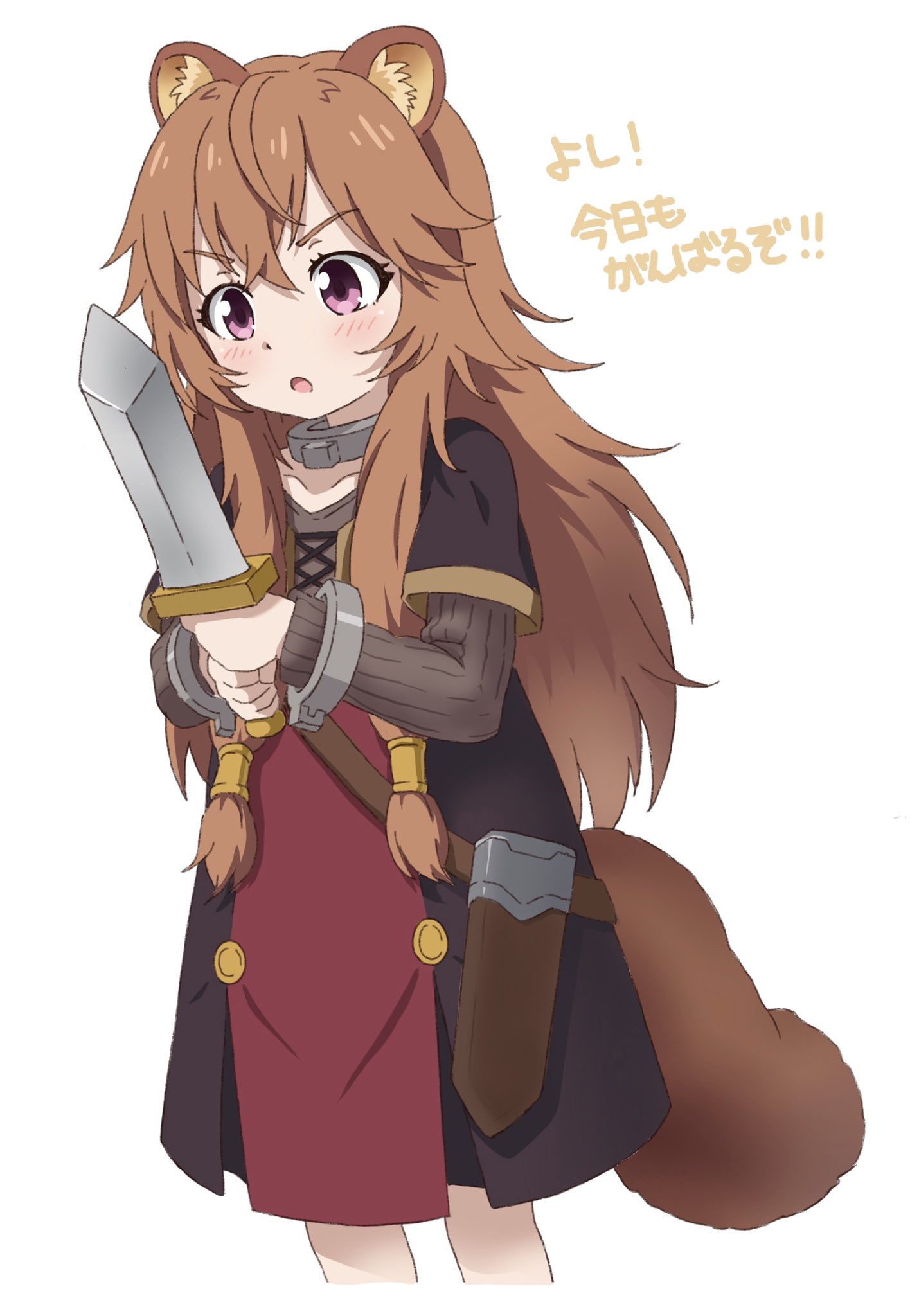 1girl animal_ear_fluff animal_ears belt black_dress brown_hair child commentary_request cuffs dress highres holding knife kumaji_(kumazidayo) long_hair open_mouth raccoon_ears raccoon_girl raccoon_tail raphtalia red_dress red_eyes sheath simple_background solo tail tate_no_yuusha_no_nariagari translation_request two-tone_dress weapon white_background